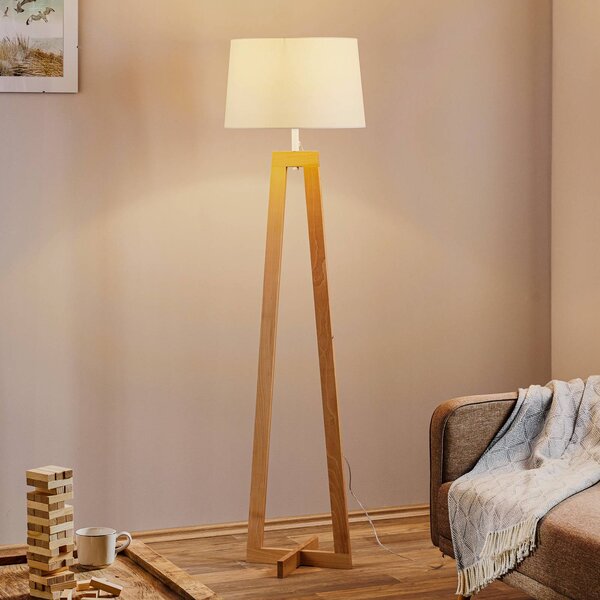 Stojaca lampa Sacha LS z dreva a textilu, biela, Svetlé drevo, Obývacia izba / jedáleň, Drevo, Škandinávsky, Stojaca lampa