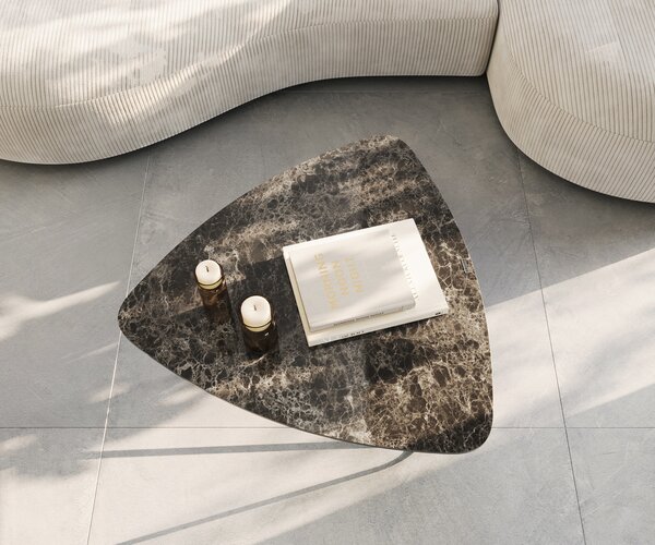 DELIFE Konferenčný stolík Ekrem 88x85 cm keramika Laminam®Emperador Extra Lucidato tmavohnedá Hairpin kov čierna