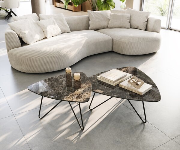 DELIFE Konferenčný stolík Ekrem 88x85 cm keramika Laminam®Emperador Extra Lucidato tmavohnedá Hairpin kov čierna
