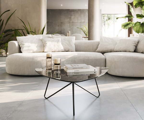 DELIFE Konferenčný stolík Ekrem 88x85 cm keramika Laminam®Emperador Extra Lucidato tmavohnedá Hairpin kov čierna