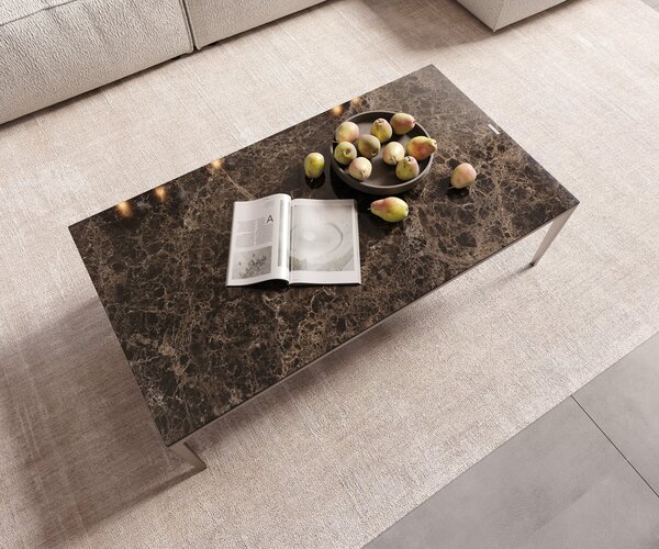 DELIFE Konferenčný stolík Levente 110x60 cm keramika Laminam® Emperador Extra Lucidato tmavohnedá podstava nerezová oceľ strieborná