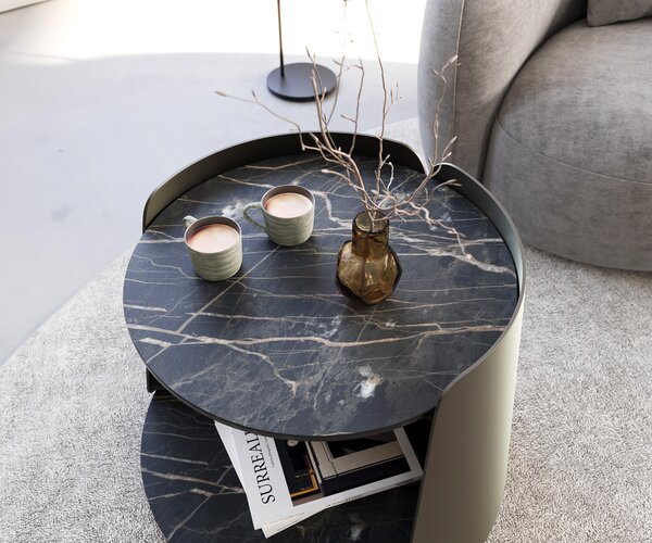 DELIFE Konferenčný stolík Daban 59x59 cm keramika Laminam®Noir Desir hnedá podstava kov titánová farba