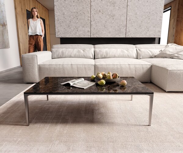 DELIFE Konferenčný stolík Levente 110x60 cm keramika Laminam® Emperador Extra Lucidato tmavohnedá podstava nerezová oceľ strieborná