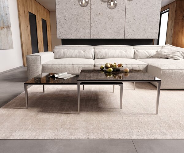 DELIFE Konferenčný stolík Levente 85x85 cm keramika Laminam® Emperador Extra Lucidato tmavohnedá podstava nerezová oceľ strieborná