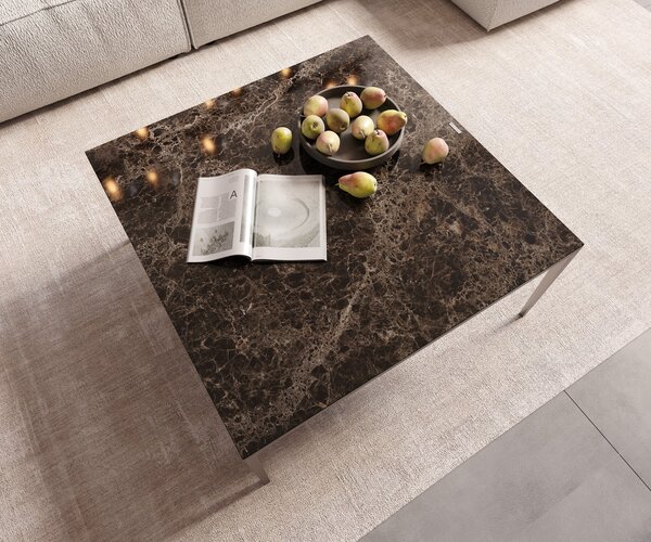 DELIFE Konferenčný stolík Levente 85x85 cm keramika Laminam® Emperador Extra Lucidato tmavohnedá podstava nerezová oceľ strieborná