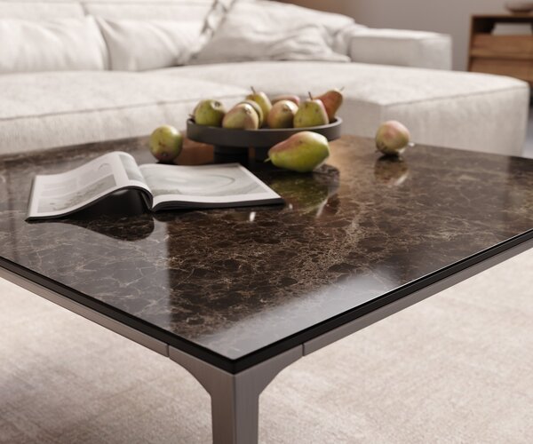 DELIFE Konferenčný stolík Levente 85x85 cm keramika Laminam® Emperador Extra Lucidato tmavohnedá podstava nerezová oceľ strieborná