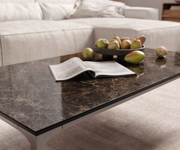 DELIFE Konferenčný stolík Levente 110x60 cm keramika Laminam® Emperador Extra Lucidato tmavohnedá podstava nerezová oceľ strieborná