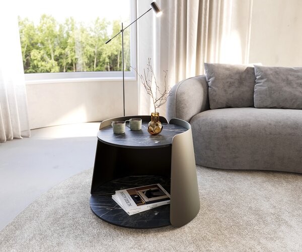 DELIFE Konferenčný stolík Daban 59x59 cm keramika Laminam®Noir Desir hnedá podstava kov titánová farba