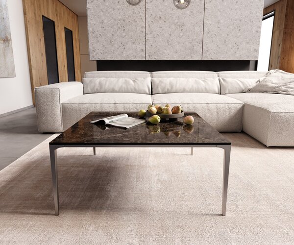DELIFE Konferenčný stolík Levente 85x85 cm keramika Laminam® Emperador Extra Lucidato tmavohnedá podstava nerezová oceľ strieborná