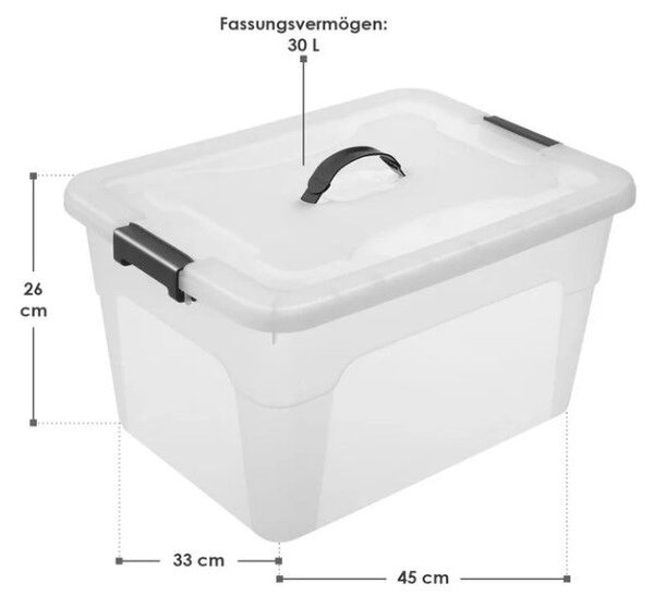 Sada 4 úložných boxov s viečkami, 30 l, plast, priehľadné