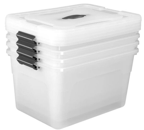 Sada 4 úložných boxov s viečkami, 30 l, plast, priehľadné