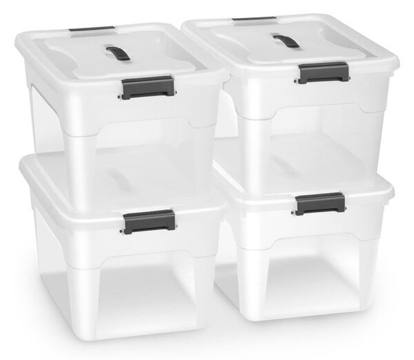 Sada 4 úložných boxov s viečkami, 30 l, plast, priehľadné