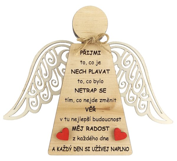 AMADEA Drevený anjel stojaci s krídlami a motivačným textom, masívne drevo, 18 x 15 cm