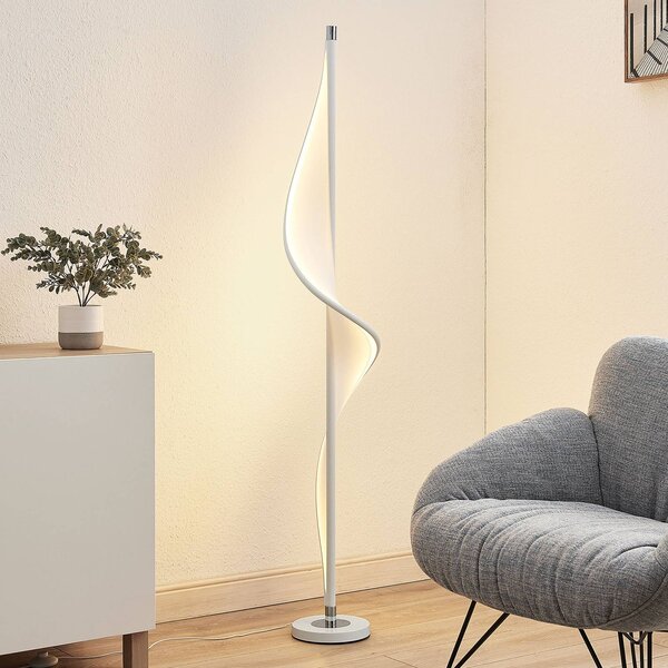 Stojacia lampa Lucande LED Edano, 154 cm, biela, textilná, stmievateľná, Biela / opálová, Obývacia izba / jedáleň, Textil / látka / hodváb, Moderný