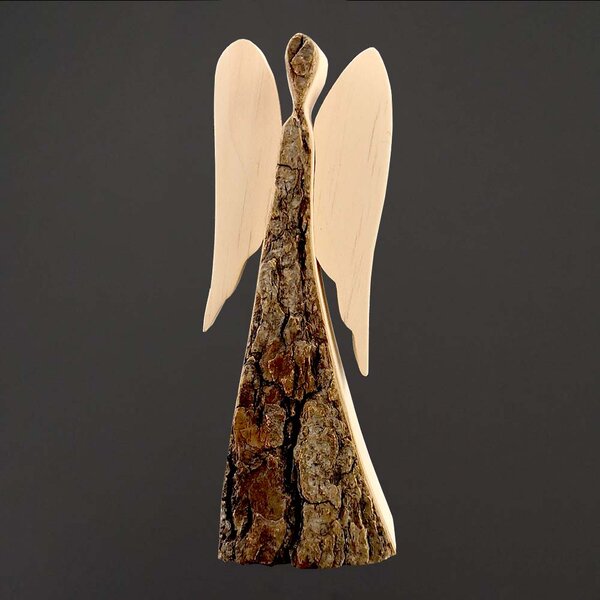 AMADEA Drevený anjel s kôrou, masívne drevo, 18 cm