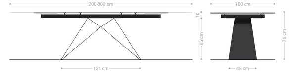 DELIFE Jedálenský stôl Edge 200-300x100 reliéfne sklo dymovo čierna 3D dizajn podstava v tvare V plochá oceľ čierna rozkladací