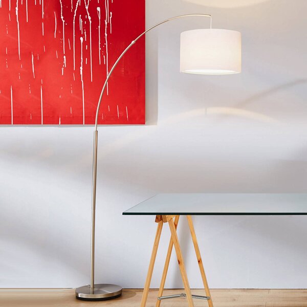 Stojacia lampa Clarie, biela, farba železa, 180 cm, látka/kov, Hliník / sivá / zinok, Obývacia izba / jedáleň, kov, Moderný, Oblúková stojaca lampa