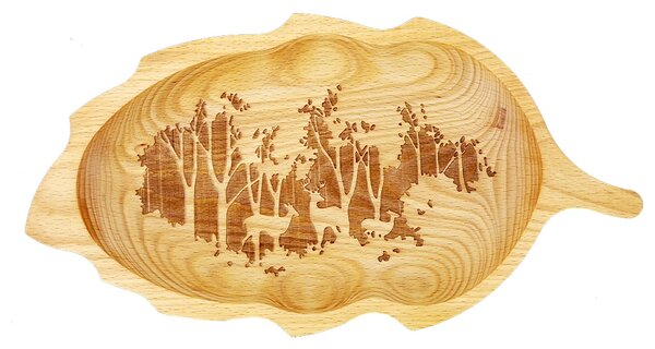 AMADEA Drevená miska list s gravírom, masívne drevo, 34 cm