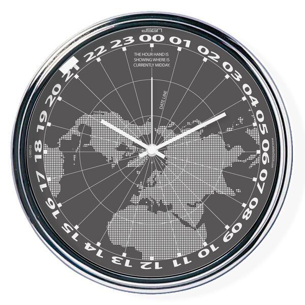 Tmavo šedé hodiny s chodom 24h ukazujúce na mape, kde je práve poludnie | atelierDSGN