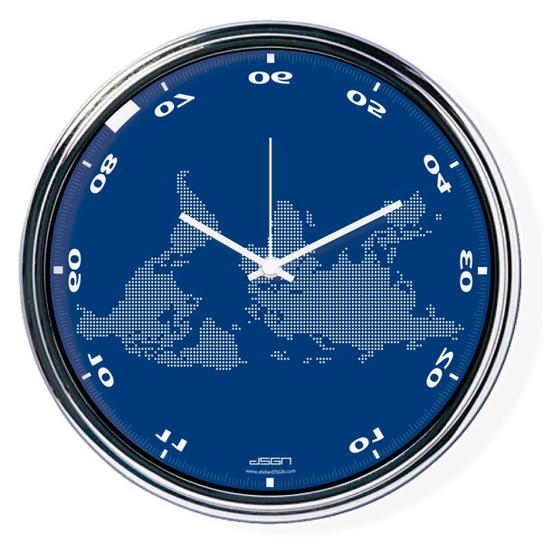 Modré vodorovne zrkadlené hodiny s mapou