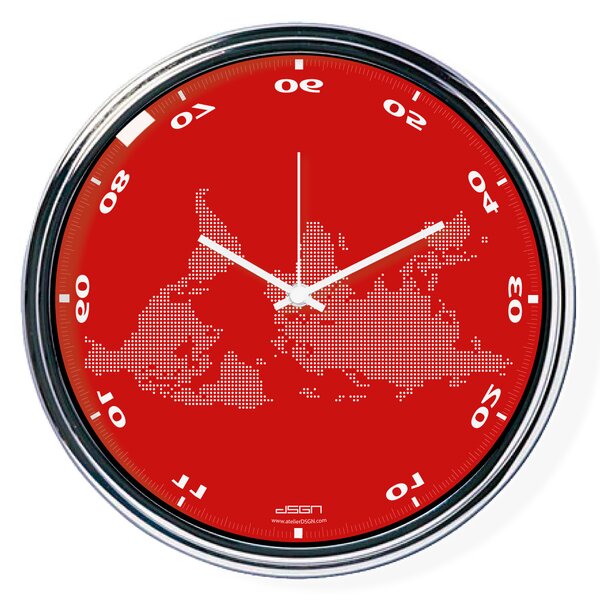 Červené vodorovne zrkadlené hodiny s mapou