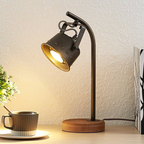 Lindby Stolná lampa Rubinjo, 37 cm, čierna, drevo, kov, GU10, Tmavé drevo, Obývacia izba / jedáleň, kov, Vintage, Stojacie svietidlo