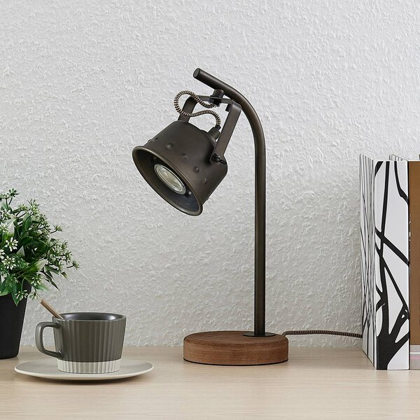 Lindby Stolná lampa Rubinjo, 37 cm, čierna, drevo, kov, GU10, Tmavé drevo, Obývacia izba / jedáleň, kov, Vintage, Stojacie svietidlo