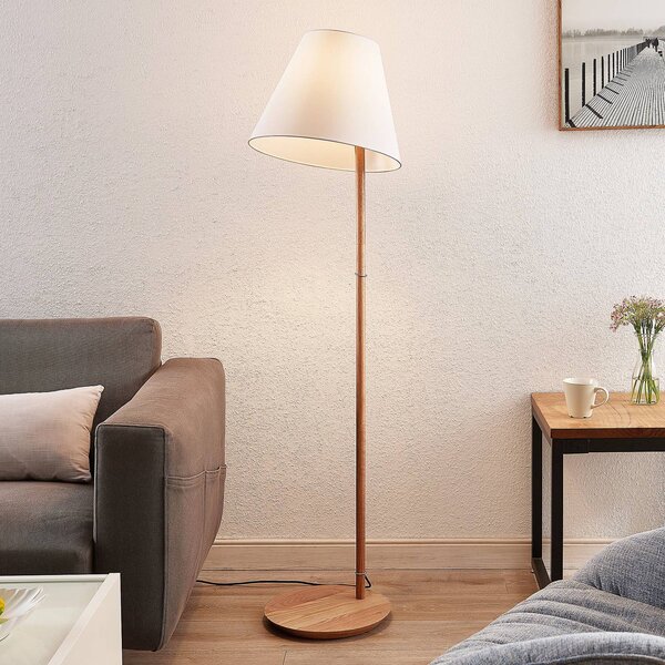 Stojacia lampa Lucande Jinda, biela, drevo, látka, 160 cm, E27, Biela / opálová, Obývacia izba / jedáleň, Textil / látka / hodváb, Škandinávsky, Stojaca lampa