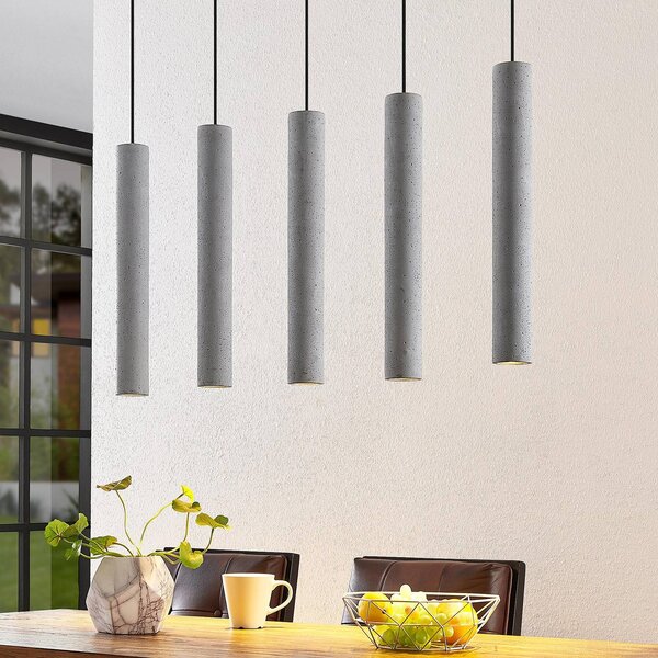 Závesné svietidlo Lindby Concretto, 100 cm, sivé, 5 svetiel, betón, Hliník / sivá / zinok, Obývacia izba / jedáleň, Betón, Moderný, Závesné svietidlo