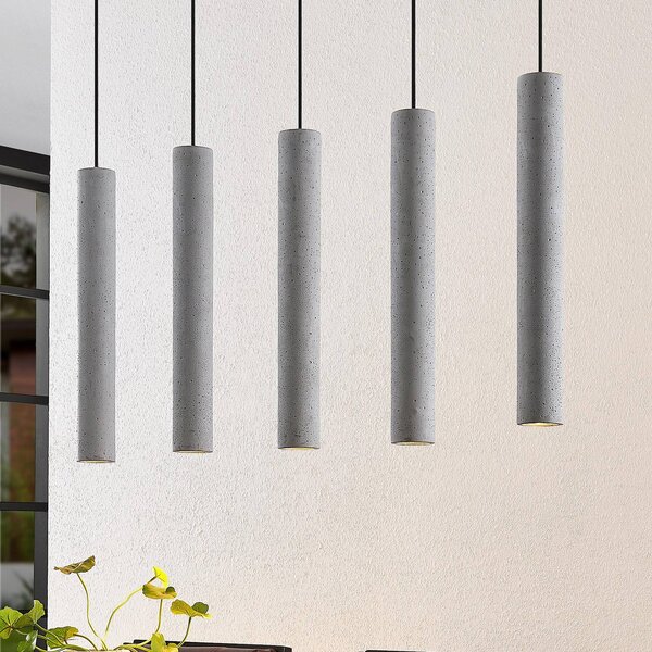 Závesné svietidlo Lindby Concretto, 100 cm, sivé, 5 svetiel, betón, Hliník / sivá / zinok, Obývacia izba / jedáleň, Betón, Moderný, Závesné svietidlo