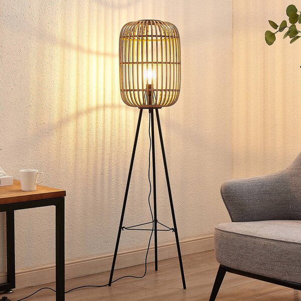 Stojacia lampa Lindby Canyana, 139 cm, prírodná, ratan, trojnožka, Svetlé drevo, Obývacia izba / jedáleň, Drevo, Vidiecky / Rustikálny, Stojaca lampa