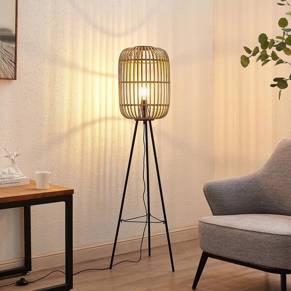 Stojacia lampa Lindby Canyana, 139 cm, prírodná, ratan, trojnožka, Svetlé drevo, Obývacia izba / jedáleň, Drevo, Vidiecky / Rustikálny, Stojaca lampa