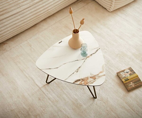 DELIFE Konferenčný stolík Ekrem 65x65 cm keramika Calacatta Luxe bielo-zlato-šedá Hairpin okrúhly kov titánový efekt