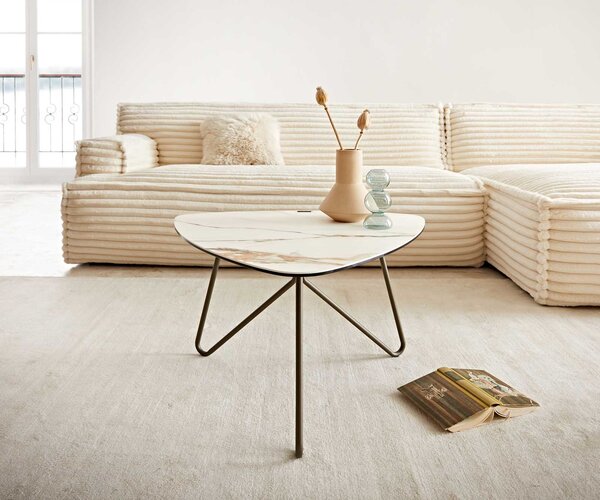 DELIFE Konferenčný stolík Ekrem 65x65 cm keramika Calacatta Luxe bielo-zlato-šedá Hairpin okrúhly kov titánový efekt