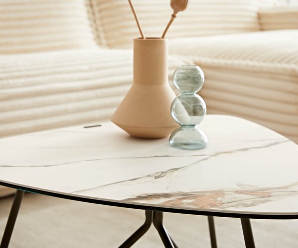 DELIFE Konferenčný stolík Ekrem 65x65 cm keramika Calacatta Luxe bielo-zlato-šedá Hairpin okrúhly kov titánový efekt