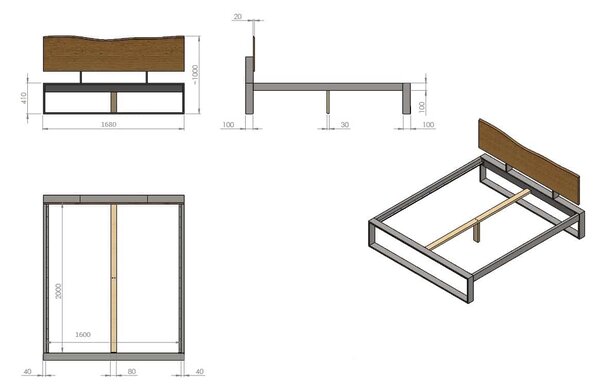 Železná posteľ Tara 160×200 v kombinácii dubového masívu a kovu