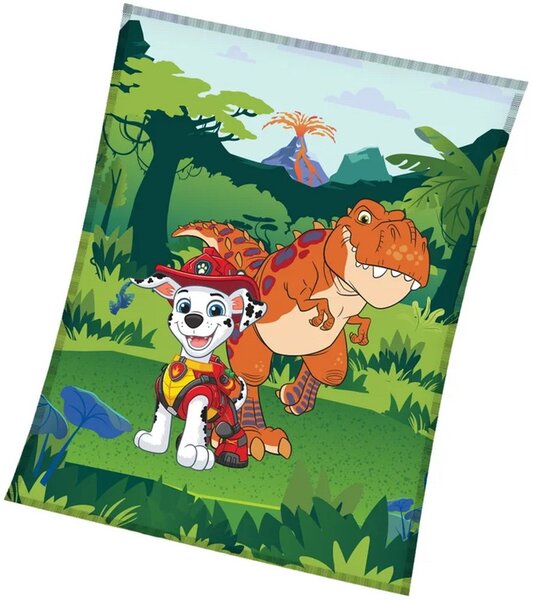 Detská coral fleece deka Labková patrola – Paw Patrol - motív Marshall a dinosaurus - 130x170 cm