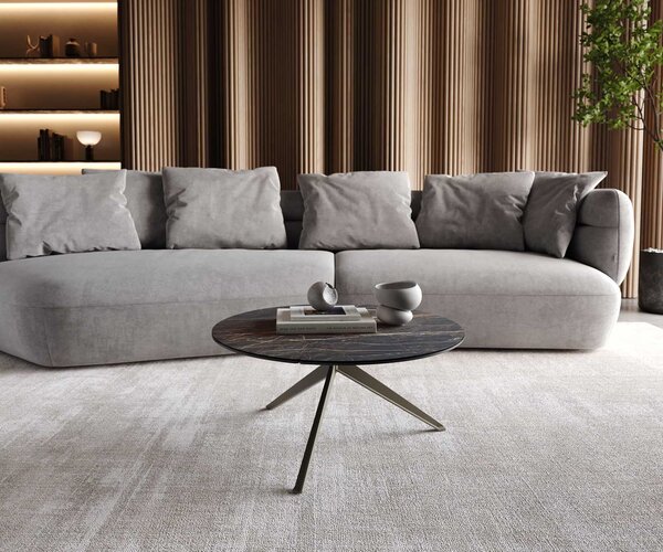 DELIFE Konferenčný stolík Delron 70x70 cm keramika Laminam®Noir Desir hnedá kovová krížová podstava plochý kov titanový efekt