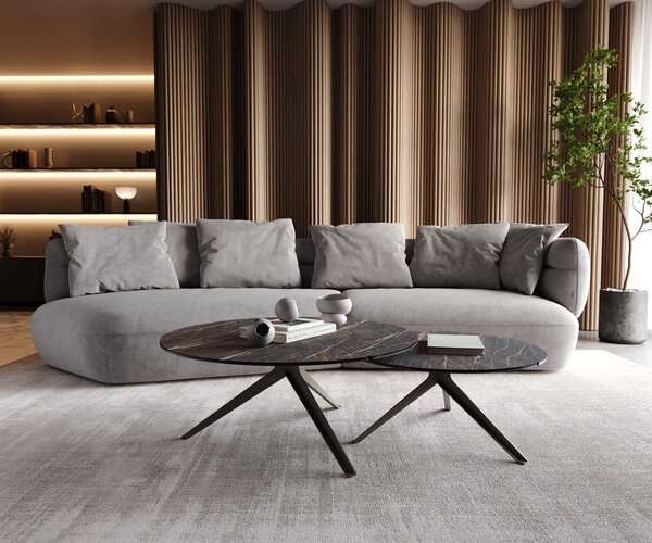 DELIFE Konferenčný stolík Delron 70x70 cm keramika Laminam®Noir Desir hnedá kovová krížová podstava plochý kov titanový efekt