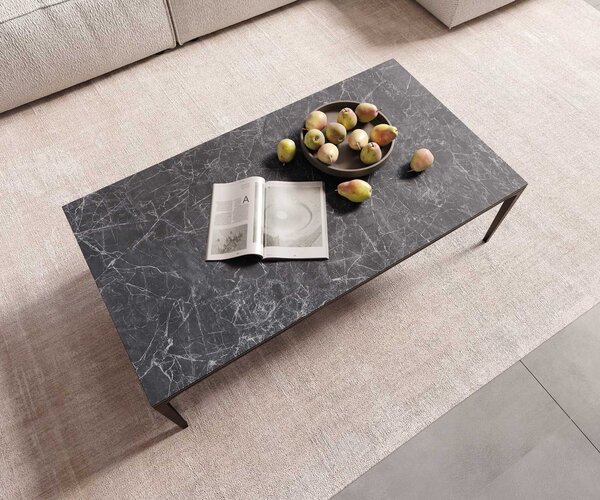 DELIFE Konferenčný stolík Levente 110x60 cm keramika Laminam® Nero Greco antracitová kovová podstava čierna