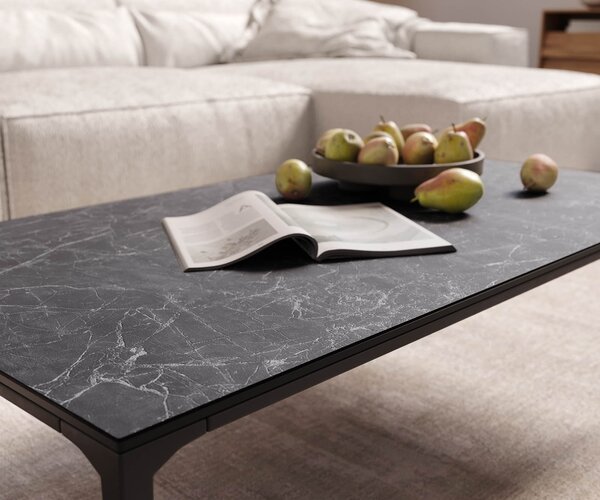 DELIFE Konferenčný stolík Levente 110x60 cm keramika Laminam® Nero Greco antracitová kovová podstava čierna