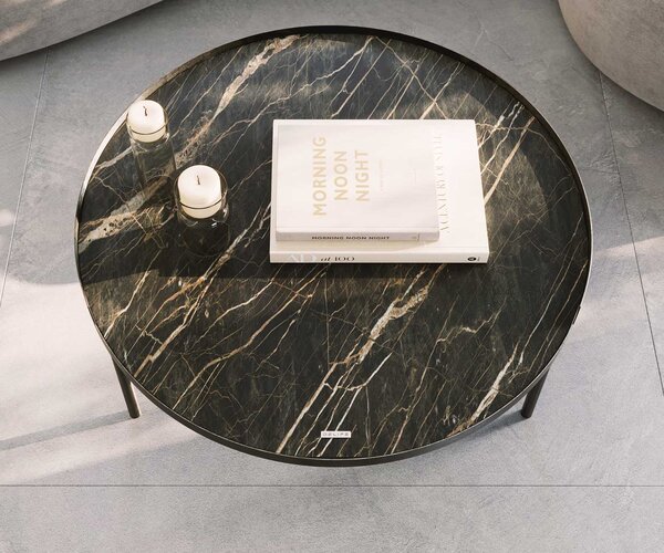DELIFE Konferenčný stolík Torell 80x80 cm keramika Laminam®Noir Desir hnedá kovový rám efektová titánová farba