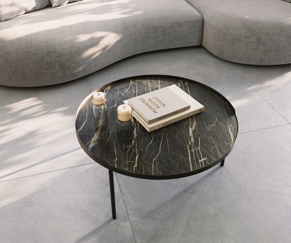 DELIFE Konferenčný stolík Torell 80x80 cm keramika Laminam®Noir Desir hnedá kovový rám efektová titánová farba