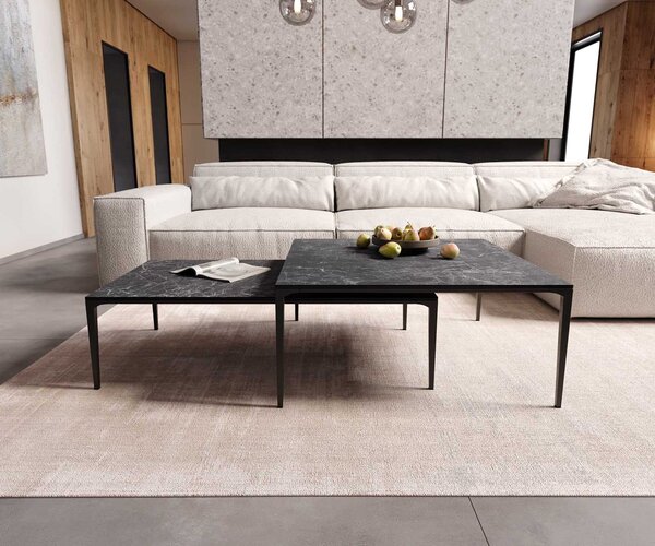DELIFE Konferenčný stolík Levente 85x85 cm keramika Laminam® Nero Greco antracitová kovová podstava čierna