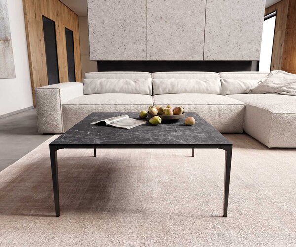 DELIFE Konferenčný stolík Levente 85x85 cm keramika Laminam® Nero Greco antracitová kovová podstava čierna