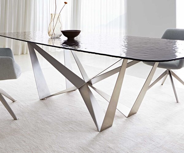 DELIFE Jedálenský stôl Edge zaoblený tvar 240x120 reliéfne sklo dymovo čierna 3D dizajn Spider plochá oceľ nerezová oceľ