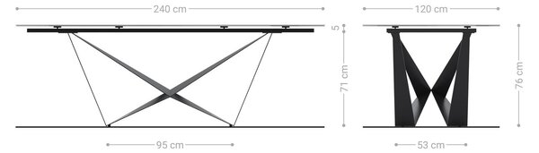DELIFE Jedálenský stôl Edge zaoblený tvar 240x120 reliéfne sklo dymovo čierna 3D dizajn Spider plochá oceľ nerezová oceľ