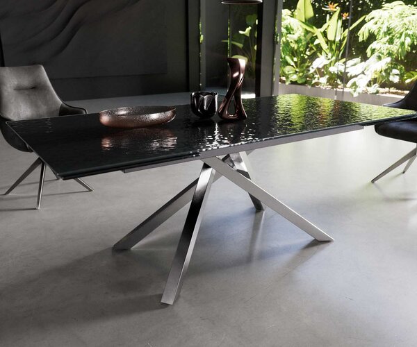 DELIFE Jedálenský stôl Edge 200-300x100 reliéfne sklo dymovo čierna 3D dizajn krížová podstava obdĺžnik nerezová oceľ rozkladací