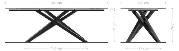 DELIFE Jedálenský stôl Edge zaoblený tvar 240x120 reliéfne sklo dymovo čierna 3D dizajn krížová podstava nerezová oceľ
