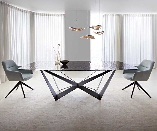 DELIFE Jedálenský stôl Edge zaoblený 240x120 reliéfne sklo dymovo čierna 3D dizajn Spider plochá oceľ čierna